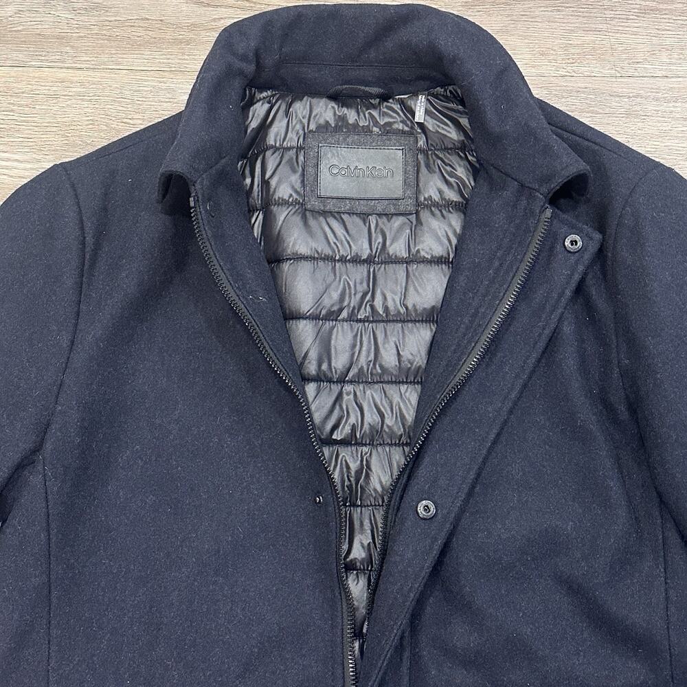 Calvin Klein Men’s Med Wool Duffle Navy Coat Jacket Removable Hood EUC - Picture 13 of 16